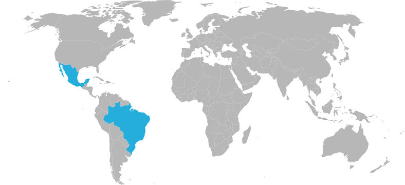 Brazil, Mexico countries isolated on world map. Light gray background. Travel and transport backgrounds.