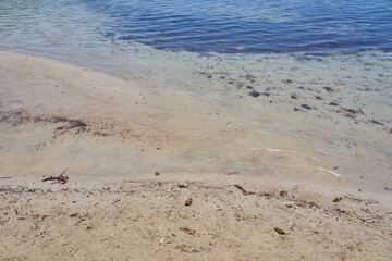 Colorful sand and waves of clear water on tropical beach as a natural background. Copy space.