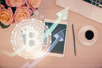 Double exposure of blockchain theme hologram over table with phone. Top view. Crypto technology...