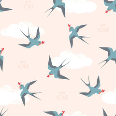 Obraz premium Seamless pattern of swallow birds with hearts flying in the cloudy sky and background text.