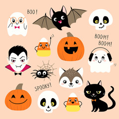 Fototapeta premium Halloween collection of cute cartoon characters such us vampire, skull, pumpkin, ghost, bat, werewolf, candy corn, spider and black cat.
