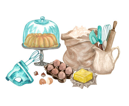 watercolor baking scene: cake, ingredients, tools clip art preview