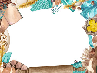 Baking square frame with kitchen utensils, jug, butter, whisk, mixer, potholders, recipes book, rolling pin, wheat, eggs on white background. Watercolor cooking clip art. space for your text