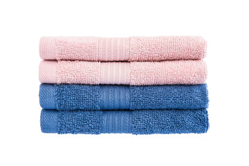 Pink and blue bath towels in stack isolated over white background with clipping path.