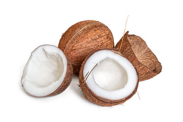 Split in half coconuts on a white background