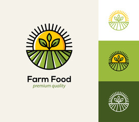 Agriculture logo with farm field, plant and sun.