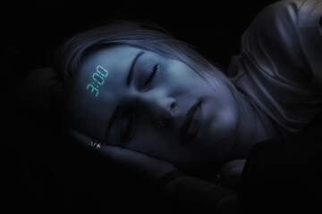Sleeping woman with the time glowing on her forehead - obrazy, fototapety, plakaty