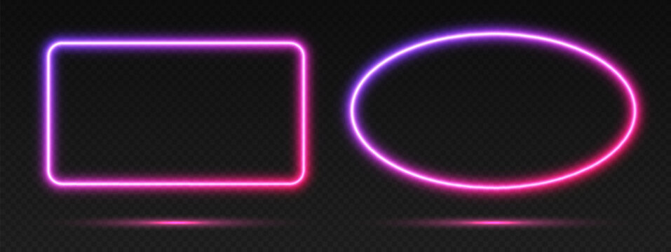 Neon gradient frames set, collection of purple-pink glowing borders isolated on a dark background. Colorful night banners, vector light effect. Ellipse and rectangle, bright illuminated shapes.