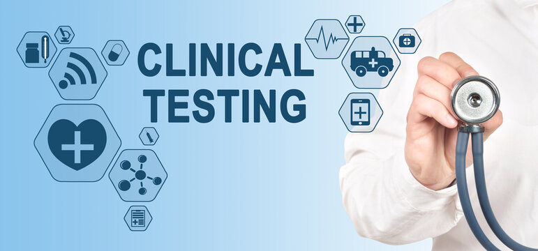 Clinical testing research, Pharmacy and Medicine concept on screen.