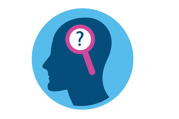 Mental Health head icon with magnifying glass and question mark