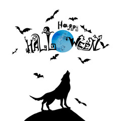The wolf is howling at the moon. Happy Halloween. Vector illustration