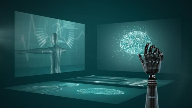 Digitally generated video of robotic hand and medical data processing