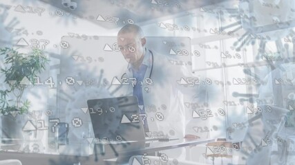 Covid-19 cells moving and stock market data processing against doctor using laptop - Powered by Adobe