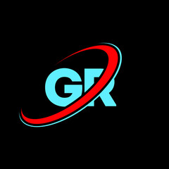 Fototapeta GR G R letter logo design. Initial letter GR linked circle uppercase monogram logo red and blue. GR logo, G R design. gr, g r obraz