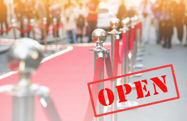 Opening ceremony. Event poster with red carpet and barrier on entrance