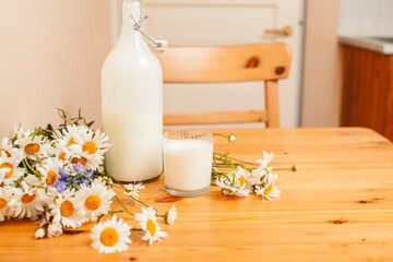 Simply stylish wooden kitchen with bottle of milk and glass on table, summer flowers camomile, healthy foog moring concept
