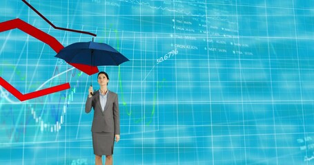 Graphs moving and data processing against businesswoman holding an umbrella - Powered by Adobe
