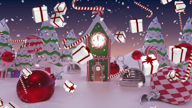 Gifts and candycane falling over baubles on winter landscape