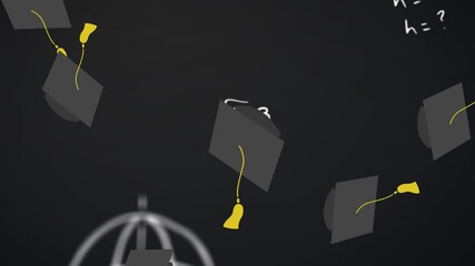 Mathematical equations moving against graduations hats falling - Powered by Adobe