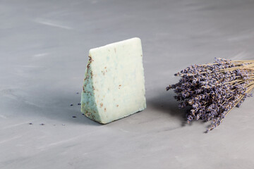 Cheese with lavender on a gray background. Selective focus, copy space