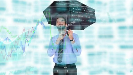 Financial data processing against businessman holding an umbrella - Powered by Adobe