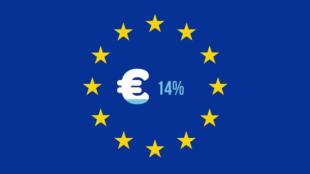 Euro symbol and increasing percentage over stars spinning against blue background