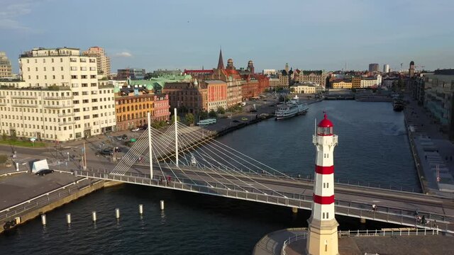 Lighthouse and bridge in the harbor of Malmo, Sweden, view from above