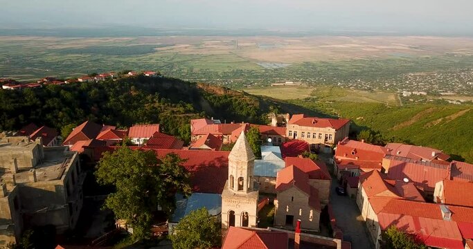 4K Sighnaghi Georgia Best View From Downtown Orange  Buildings Architecture, Fortress, Church & Landscape in Sunset Golden Time in Georgia Caucasus