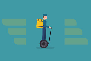 Delivering service vector illustration with modern delivery man on segway carrying package. Food delivery boy.