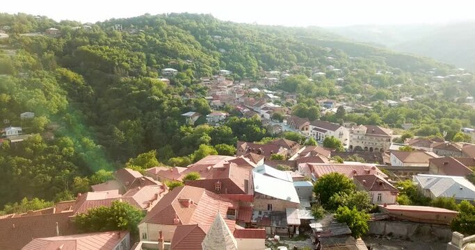 4K Sighnaghi Georgia Best View From Downtown Buildings Architecture, Historical Church & Green Caucasus Forest Landscape in Sunset Golden Time in Georgia