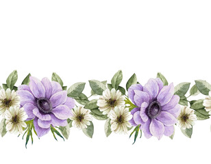 seamless border of bouquets of flowers, white and purple flowers illustration watercolor