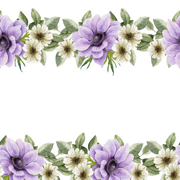 seamless border of bouquets of flowers, white and purple flowers illustration watercolor