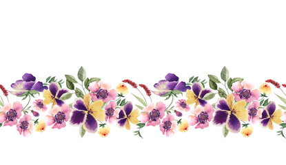 seamless border of lilac and pink flowers, watercolor illustration