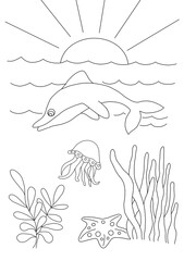 Coloring pages. Marine wild animals. Little cute dolphin jumps from the water and smiles.