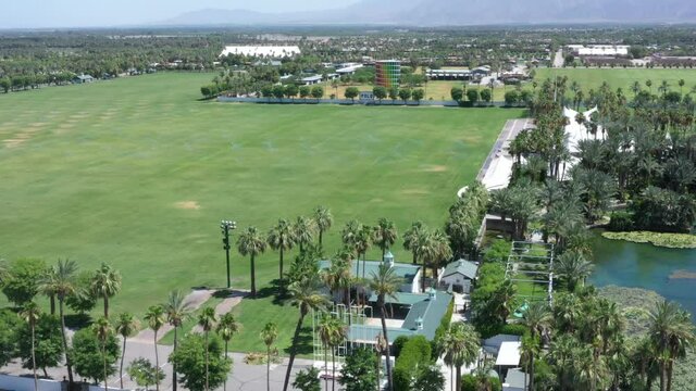 Empty, Desolate And Closed Empire Polo Club In Green Rural Countryside At Coachella Valley Music And Arts Festival, Covid-19 Quarantine, Above Rising Aerial