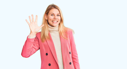 Young beautiful blonde woman wearing elegant clothes showing and pointing up with fingers number five while smiling confident and happy.