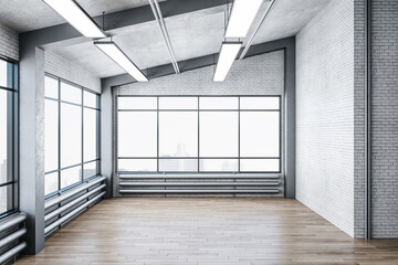 Fototapeta premium Luxury brick gallery interior with city view and daylight.