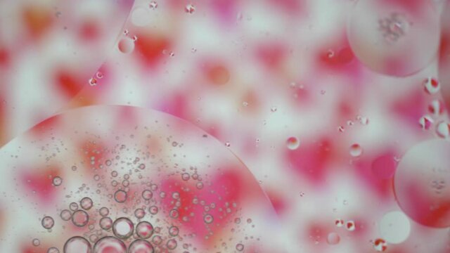 floating oil bubbles on a white background with red hearts