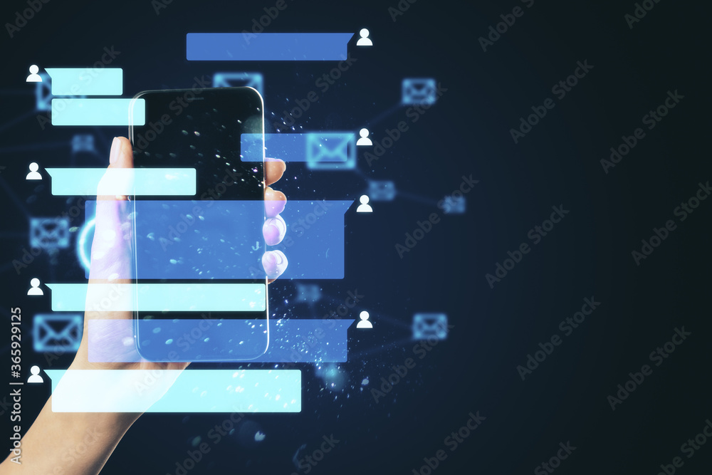 Poster hand holding smart phone with abstract coworking remote work interface.