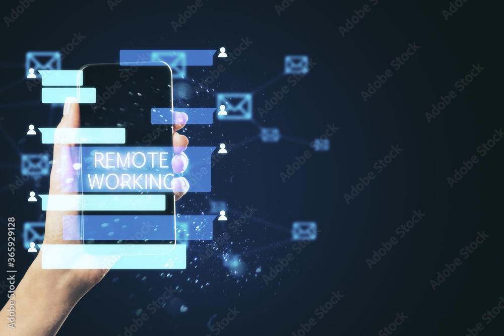 Poster Man holding smartphone with abstract coworking remote work interface.