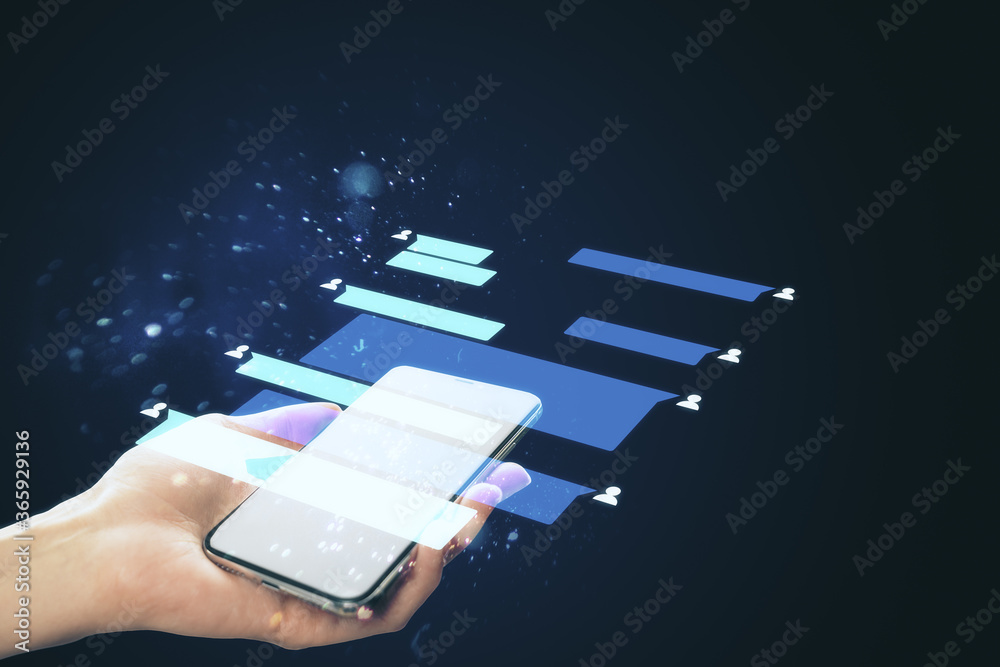 Poster hand holding mobile phone with coworking remote work interface.