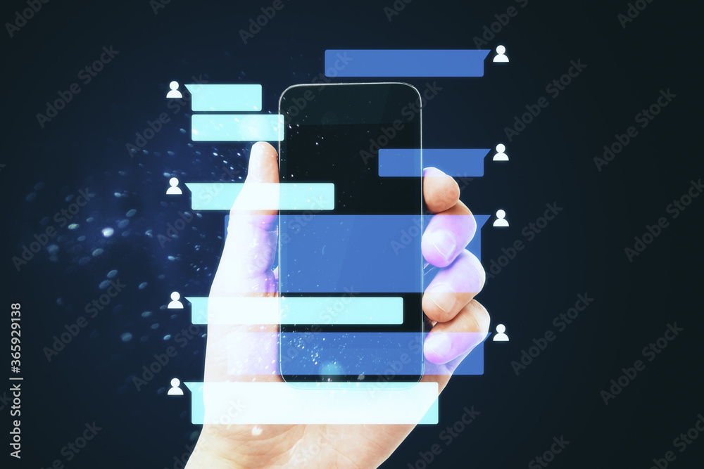 Poster hand holding phone with abstract remote work interface.