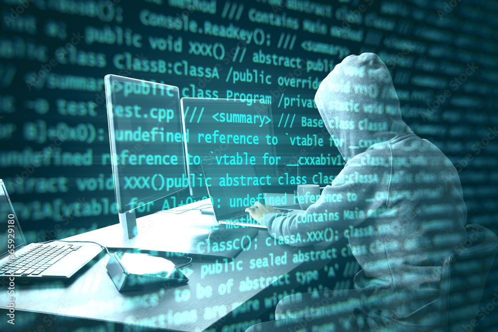 Leinwandbilder Hacker programmer using computer with abstract programming code.