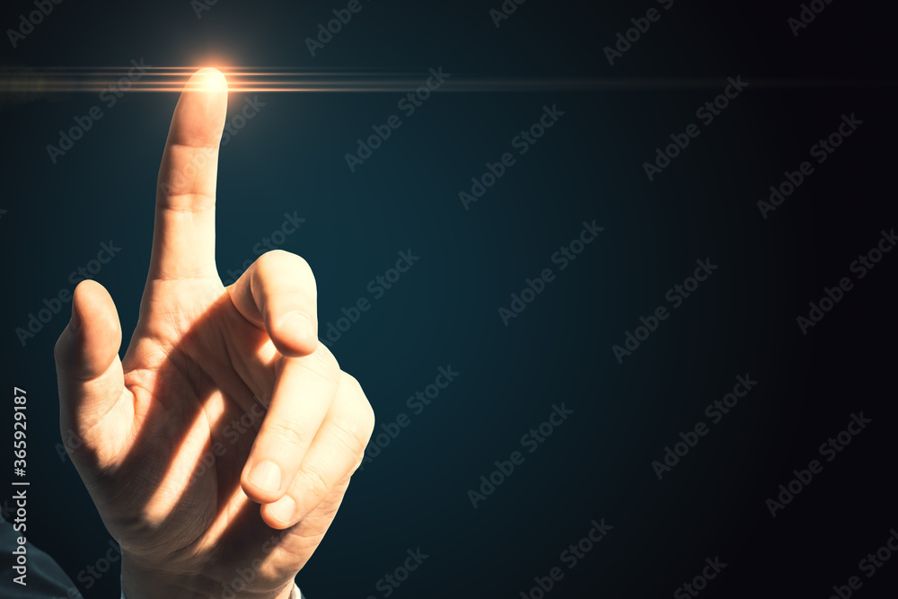 Poster hand pushing a flare buttom of digital interface.