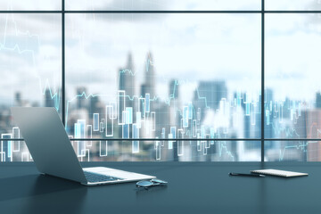 Laptop with forex chart on desktop and panoramic city view.