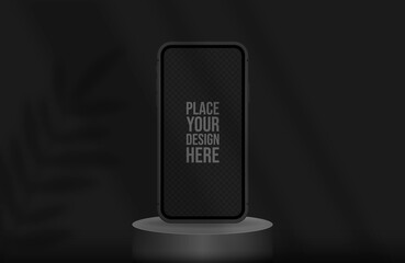 Podium for smartphone presentation in black color with shadow leaf. Vector flat illustrations.