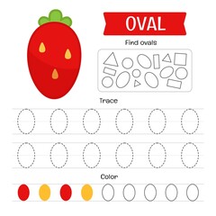 Handwriting practice sheet. Basic writing. Educational game for children. Geometric forms. Oval.
