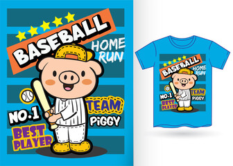 Cute pig baseball player cartoon for t shirt