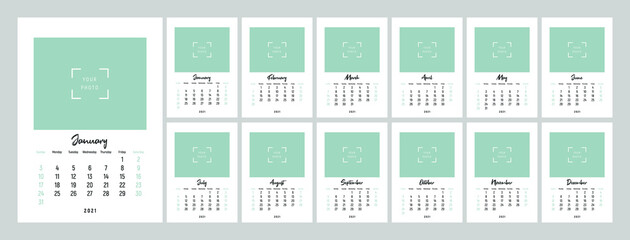 Wall calendar template for 2021 year. Set of 12 months. 2021. Week starts on Sunday. Concept, vector editable calender page template. Vertical.