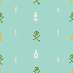 teal mint and green pink cute grunge doodle random objects Seamless repeat pattern. Eye bottle key skull and crossbones.